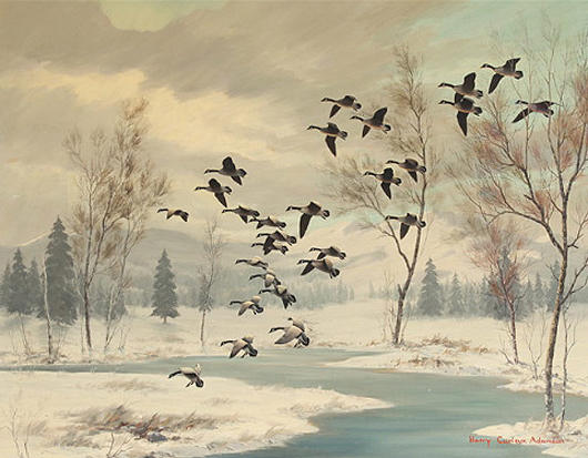 Harry Curieux Adamson (American, b. 1916), 'Geese in Winter,' oil on canvas laid to board. Estimate: $5,000-$10,000. Michaan's Auctions image.