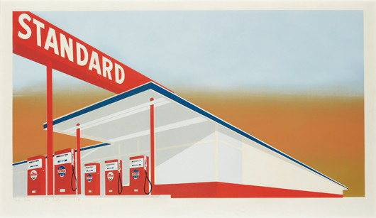 Edward Ruscha (American, b. 1937-), 'Standard Station,' 1966, color screenprint on commercial buff paper, signed and dated in pencil and annotated 'Trial Proof' lower left. From an edition of 50 plus 2 artist's proofs. Auctioned for (approx.) $105,185 on June 28, 2011 at Phillips de Pury, London. Image courtesy of LiveAuctioneers.com Archive and Phillips de Pury.