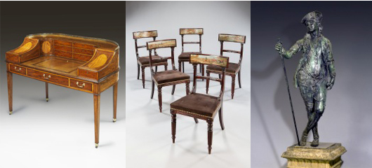  From left to right: This important Carlton House desk, commissioned by the Duke of Clarence, who later became William IV, was sold by London dealers Mallett for an undisclosed sum at the recent Masterpiece Fair in London. Image courtesy of Mallett. A rare, recently discovered set of 10 Regency mahogany chairs, circa 1820, decorated with hunting scenes, which was sold by London dealers Mallett at the Masterpiece Fair. Image courtesy of Mallett. This rare late 18th-century bronze figure of a shepherd, in the manner of the English sculptor John Cheere, fetched a six-figure sum when it was offered on the stand of London fine furniture dealers Mallett at the Masterpiece Fair. Image courtesy of Mallett.