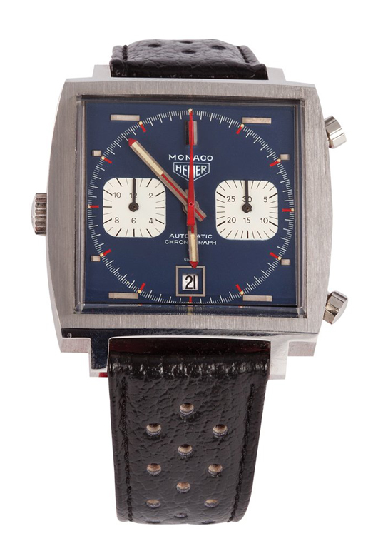 Heuer Monaco wristwatch worn by Steve McQueen in his role as 'Michael Delaney' in the 1971 film 'Le Mans.' Sold for $799,500 inclusive of 23% buyer's premium. Image courtesy of LiveAuctioneers.com and Profiles in History.