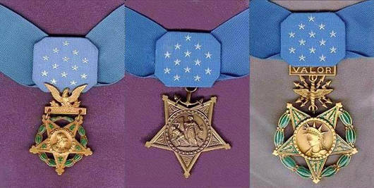 Medals of Honor awarded by three branches of the U.S. military, left to right: the Army, Coast Guard/Navy/Marine Corps; and Air Force.