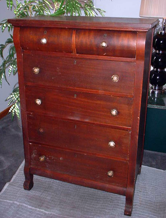 A descendant of the simple chest, this slender chest of drawers was called a chiffonier in France.