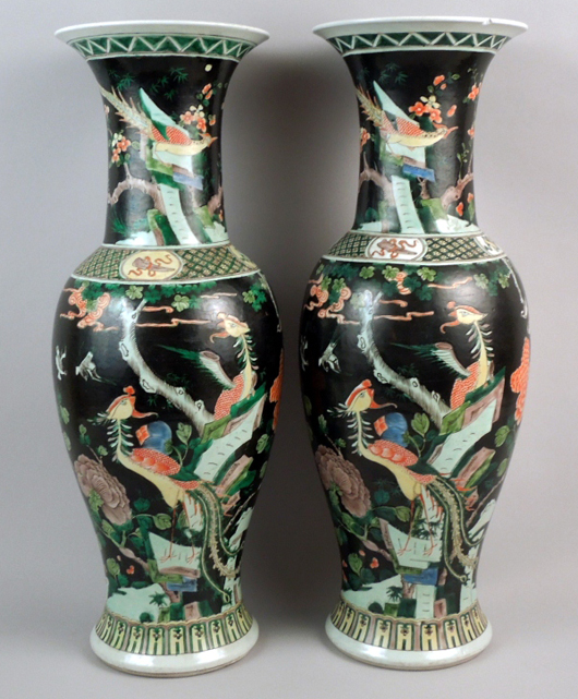Pair of 25-inch antique Chinese Famille Noire vases. Manatee Galleries image.