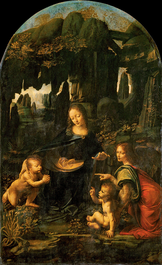 The central figure in the possible da Vinci artwork found in Scotland is strikingly similar to the main figure in this authentic da Vinci artwork, 'Madonna of the Rocks,' or 'Virgin of the Rocks.' This portrait was painted around 1480 and is the property of The Louvre Museum in Paris.