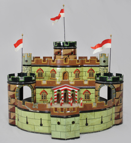 Marklin three-tiered castle, circa-1895, with parade ground that would have been driven by a Marklin steam plant, $28,175. RSL Auction Co. image.