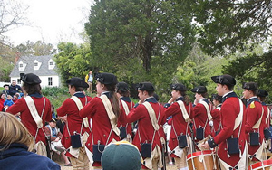 Revolutionary War fife and drum corps re-enactment at Colonial Williamsburg, Virginia.