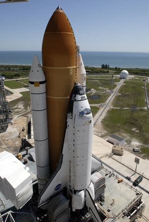 The space shuttle Endeavor on the launching pad. Image courtesy Wikimedia Commons.