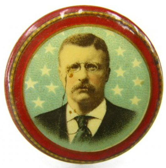 Theodore Roosevelt celluloid campaign button from 1904. Image courtesy LiveAuctioneers.com Archive and Dirk Soulis Auctions.