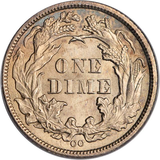 Reverse view of 1873-CC 'No Arrows' Liberty Seated dime that sold for $1.6 million in Stack's Bowers Galleries' Aug. 2, 2012. Image courtesy of Stack's Bowers Galleries.