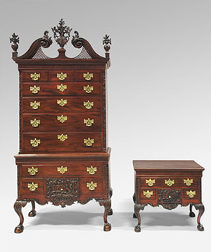Left: High Chest of Drawers, 1765-75. American, Late Baroque with Rococo carving, Mahogany, yellow poplar, white cedar, yellow pine; brass.8 feet 3/4 inches x 46 1/2 x 25 3/4 inches (245.7 x 118.1 x 65.4 cm). Philadelphia Museum of Art, Gift of Mrs. Henry V. Greenough, 1957 Right: Dressing Table, 1765-75. American, Late Baroque with Rococo carving, Mahogany, yellow poplar, white cedar, yellow pine; brass. Height: 29 7/8 inches (75.9 cm), Width: 35 inches (88.9 cm), Depth: 23 1/4 inches (59.1 cm). Philadelphia Museum of Art. The purchase of “The Fox and the Grapes” Dressing Table is being made possible by the leadership support of Leslie A. Miller and Richard B. Worley, Kathy and Ted Fernberger, Marguerite and Gerry Lenfest, and Mrs. J. Maxwell Moran, as well as the generosity of Donna C. and Morris W. Stroud II, Dr. and Mrs. Robert E. Booth, Jr., Mr. and Mrs. Frederick Vogel III, Peggy Cooke, and other generous individuals, and funds raised from deaccessioned works of art.