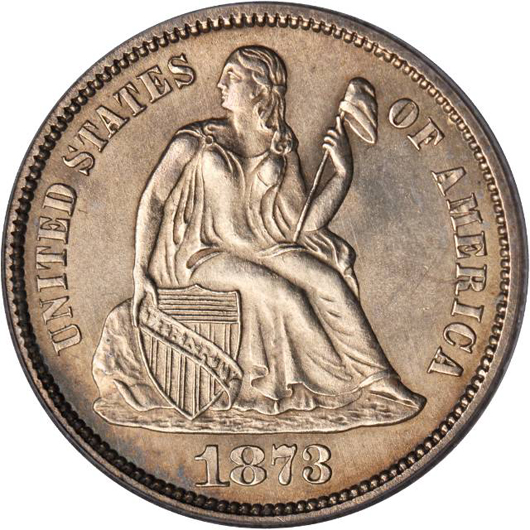 Obverse view of 1873-CC 'No Arrows' Liberty Seated dime that sold for $1.6 million in Stack's Bowers Galleries' Aug. 2, 2012. Image courtesy of Stack's Bowers Galleries.