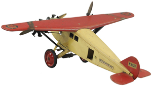 This large pressed-steel toy airplane has a 26 1/2-inch wingspan. It was made in about 1919. The tri-motor with a 'U.S. Mail' logo is marked 'Steelcraft.' It sold for $881 at Bertoia Auctions in Vineland, N.J.
