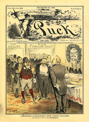 Cover of 'Puck' magazine, Dec. 27, 1882, with a caricature of Governor-elect Grover Cleveland hosting a party for wealthy supporters who were about to receive office appointments and other perks in return for their help in getting him elected. New York State Library Collection.