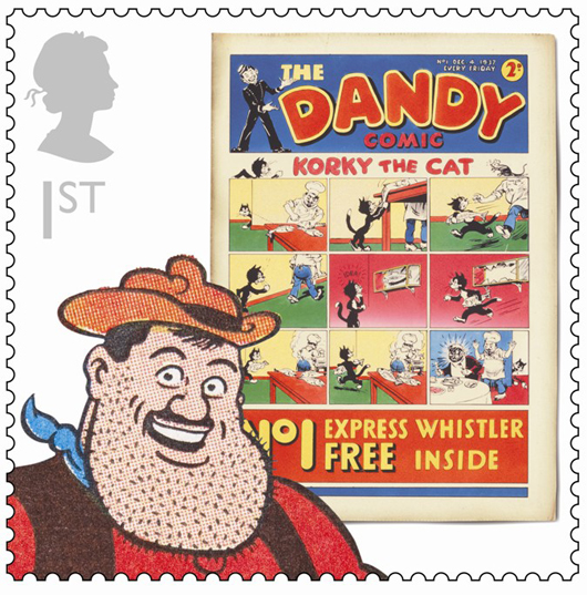 The celebrate Britain's rich comic book heritage, the Royal Mail produced a series of stamps featuring classic titles that included 'The Dandy.' Fair use of copyrighted image sourced from Wikipedia Foundation and used to illustrate the importance and iconic status of 'The Dandy' in the United Kingdom. 'The Dandy' is published by D.C. Thomson & Co. Ltd.