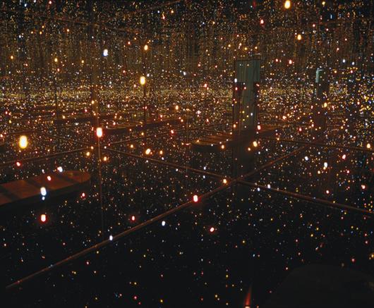 Yayoi Kusama (b. 1929), Fireflies on the Water, 2002. Mirror, plexiglass, 150 lights and water, 111 × 144 1/2 × 144 1/2 in. (281.9 × 367 × 367 cm) overall. Whitney Museum of American Art, New York; purchase, with funds from the Postwar Committee and the Contemporary Painting and Sculpture Committee and partial gift of Betsy Wittenborn Miller 2003.322a-tttttttt. © Yayoi Kusama. Photograph courtesy Robert Miller Gallery