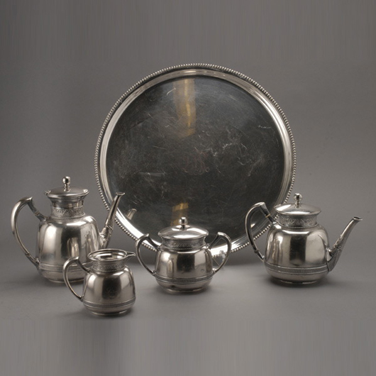 Schulz & Fischer sterling silver 4-piece tea service, est. $3,000-$4,000. Michaan's image.