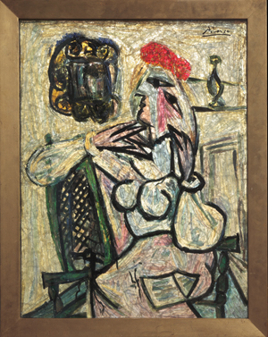 Pablo Picasso (Spanish, 1881-1973), 'Seated Woman with Red Hat,' circa 1954-1956, enameled glass. Image courtesy of The Evansville Museum of Arts, History & Science.
