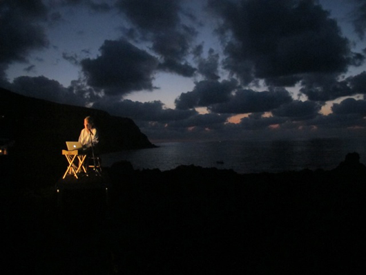 Mark Nash, Talk, Aug. 10, sunset, at La Lunatica, Stromboli, courtesy Volcano Extravaganza 2012