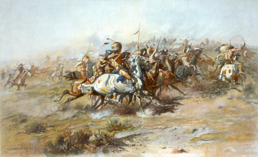 The Custer Battlefield Museum contains many artifacts from the Battle of Little Bighorn, as depicted in this painting by Charles Marion Russell (American, 1864-1926) titled 'The Custer Fight.' In 2005 and 2009, 22 artifacts from the Custer Battlefield Museum, described as 