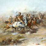 The Custer Battlefield Museum contains many artifacts from the Battle of Little Bighorn, as depicted in this painting by Charles Marion Russell (American, 1864-1926) titled 'The Custer Fight.' In 2005 and 2009, 22 artifacts from the Custer Battlefield Museum, described as
