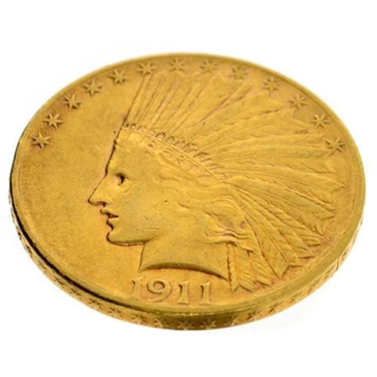 1911 US $10 Indian Head gold coin, est. $2,550-$5,100. Government Auctions image.