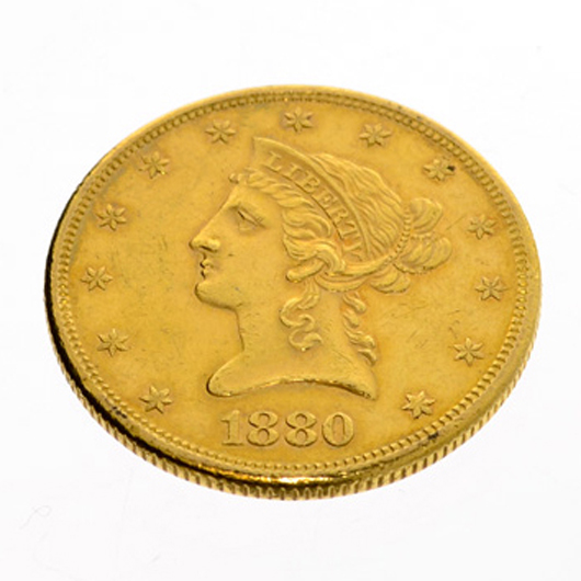 1880 US $10 Liberty Head gold coin, est. $2,550-$5,100. Government Auctions image.