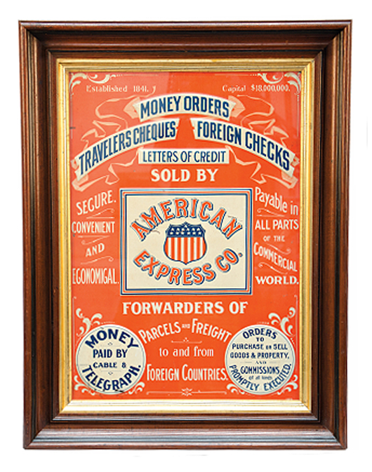 American Express Co. embossed tin sign, in frame, 26 inches by x 35 inches. Victorian Casino Antiques image.