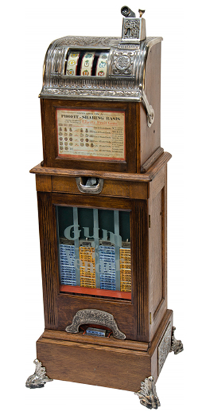 Five-cent Caille Bros. gum vendor front floor model three-reel trade stimulator with music. Victorian Casino Antiques image.