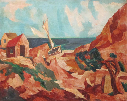 Earle Horter, oil on canvas, rocky shore with boat. William Jenack Estate Appraisers and Auctioneers image.