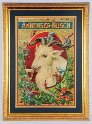 Anheuser-Busch (St. Louis, Mo.) Bock Beer pre-Prohibition lithograph with beautiful imagery of elves and goat, est. $25,000-$45,000. Morphy Auctions image.