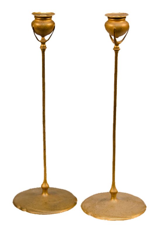 Pair of signed Tiffany Studios bronze candlesticks, large form, original gold doré finish with removable bobeches. Victorian Casino Antiques image.
