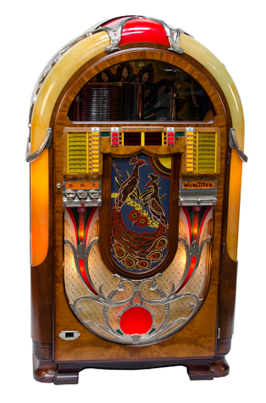 Wurlitzer multiselector phonograph model no. 850 jukebox, circa 1941, ‘Peacock,’ plays 78 rpm records, restored. Victorian Casino Antiques image.