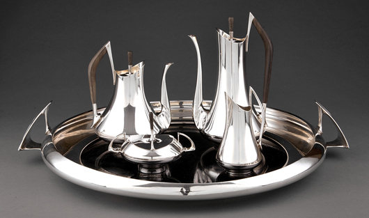 Gorham Circa ’70 sterling silver tea and coffee service designed by Donald Colflesh, circa 1958, Estimate: $20,000-$30,000. Neal Auction Co. image. 
