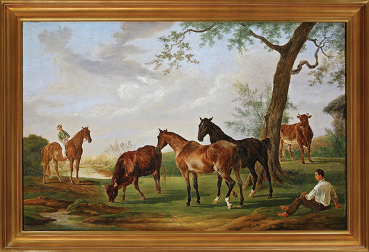 Henri De Lattre (French, 1801-1867, act. America, 1850-1855), ‘Prized Thoroughbreds and Cattle,’ 1854, signed, 31 1/4 x 48 3/8 inches. Estimate: $25,000-$35,000. Neal Auction Co. image. 
