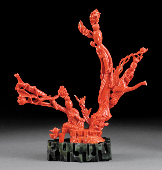   Chinese coral figural group, 9 1/2 inches high. Estimate: $5,000-$7,000. Neal Auction Co. image.