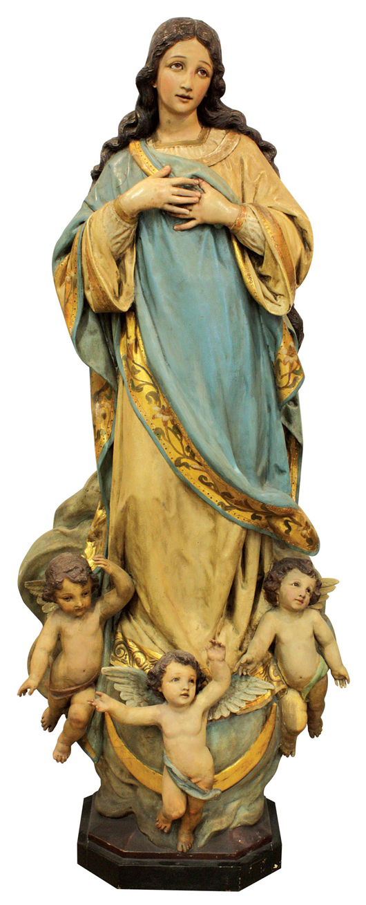 This 19th century Continental wood carved and polychrome decorated sculpture of the Madonna measures 55 inches high and is estimated to sell for $3,000-$5,000. Clars Auction Gallery image.