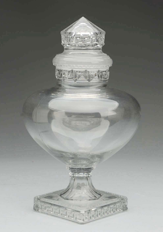 ‘Teardrop’ Greek key apothecary jar, 15 inches with original lid, $5,700. Morphy Auctions image.
