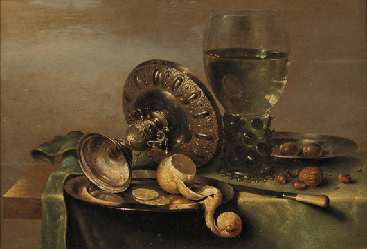 Willem Claesz Heda (Dutch, 1594-circa 1680), ‘Still Life with Tazza, Peeled Lemon and Roemer,’ 1630, unsigned, oil on cradled panel. Estimate: $30,000-$50,000. Skinner Inc. image.