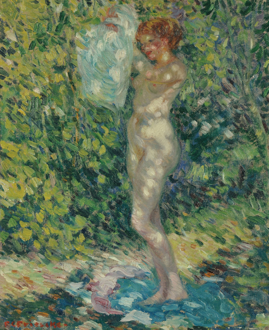Frederick Carl Frieseke (American, 1874-1939), ‘Nude’ (Giverny), circa 1906, signed ‘F.C. Frieseke,’ oil on canvas, 24 x 19 3/4 inches. Estimate: $60,000-$80,000. Skinner Inc. image.