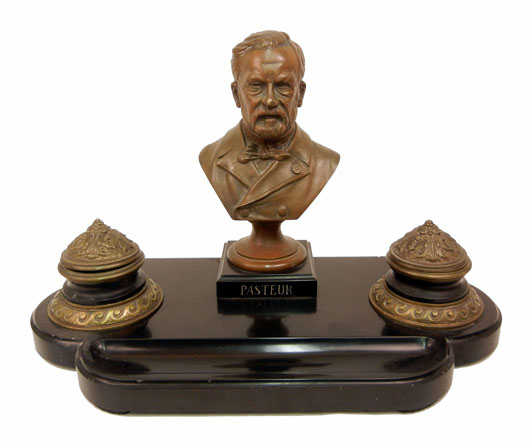 Bronze double inkwell with bust of Louis Pasteur, Stephenson’s Auctioneers image.