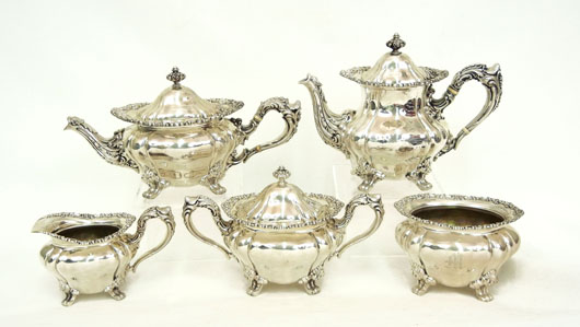 Durgin sterling silver tea and coffee service, Stephenson’s Auctioneers image.