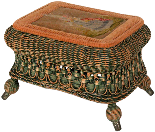 Heywood-Wakefield Co. made this wicker stool at the end of the 1890s. It is 9 3/4 by 14 1/2 by 11 1/2 inches. It matches other wicker furniture the company made. The stool sold for $48 at a Gray's Auctioneers sale in Cleveland.