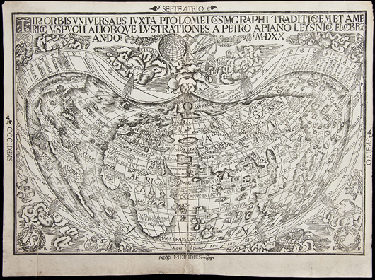 Peter Apianus' landmark world map, ‘Tipus Orbis Universalis,’ 1520, the earliest obtainable map to name America. Estimate: $30,000-$50,000. PBA Galleries image.