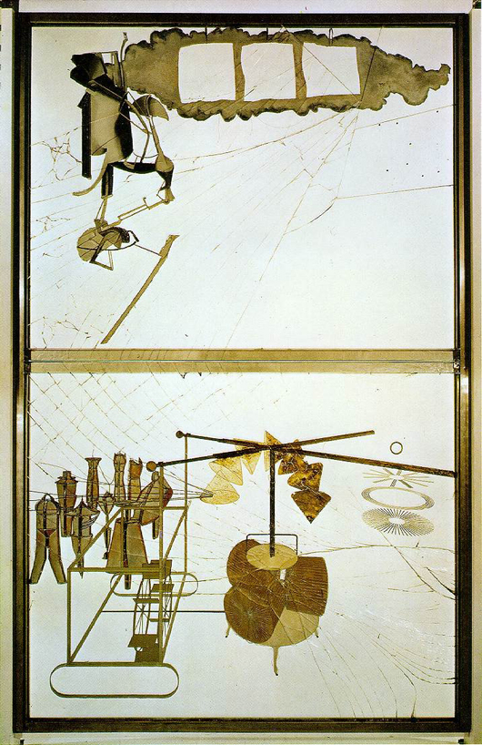 'The Large Glass' by Marcel Duchamp (1915-23). Oil, varnish, lead foil, lead wire, and dust on two glass panels, 109 1/4 inches x 69 1/4 inches. Philadelphia Museum of Art. Image courtesy Wikimedia Commons.