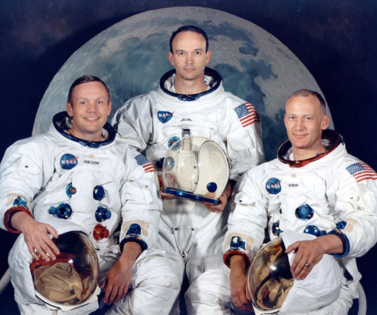 The Apollo 11 crew portrait. From the left are Neil Armstrong, Michael Collins and Buzz Aldrin. NASA image. Courtesy Wikimedia Commons.