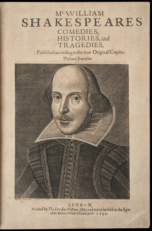 Second folio edition of ‘Mr. William Shakespeares Comedies, Histories, and Tragedies. Published according to the true Originall Copies,’ 1632, the first printing, first issue in the rare Aspley imprint. Estimate: $200,000-$300,000. PBA Galleries image.