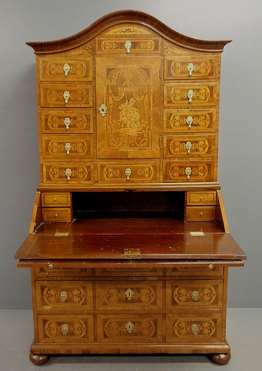 Dutch/Flemish marquetry inlaid two-piece secretary desk, 19th century. Estimate: $3,000-$4,000. Wiederseim Associates Inc.