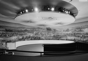Interior view of Richard Neutra's Cyclorama Building showing the Gettysburg Cyclorama, painted by French artist Paul Dominique Philippoteaux. Image courtesy Wikimedia Commons.