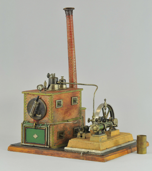 Bing live-steam engine, German, 25 inches to top, est. $2,500-$3,500. Bertoia Auctions image.