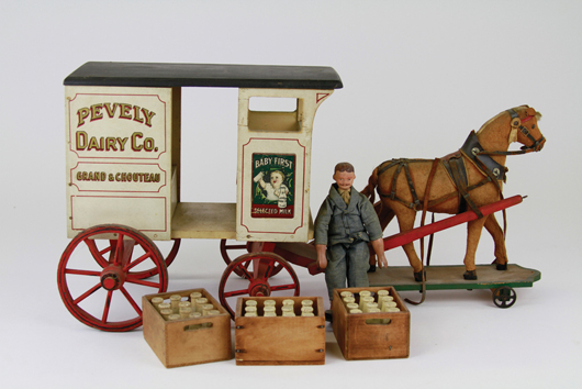 Schoenhut ‘Pevely’ milk wagon, est. $4,000-$5,000. Bertoia Auctions image.